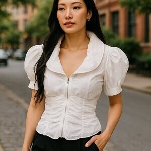 172 GRAMS White Puffy Ruffle Cotton Zip Up Short Sleeve Blouse ~ Women's LARGE